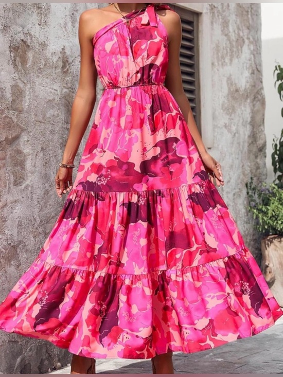 PrettyGarden Dresses & Skirts - One-Shoulder Floral Tiered Midi Dress in Hot Pink